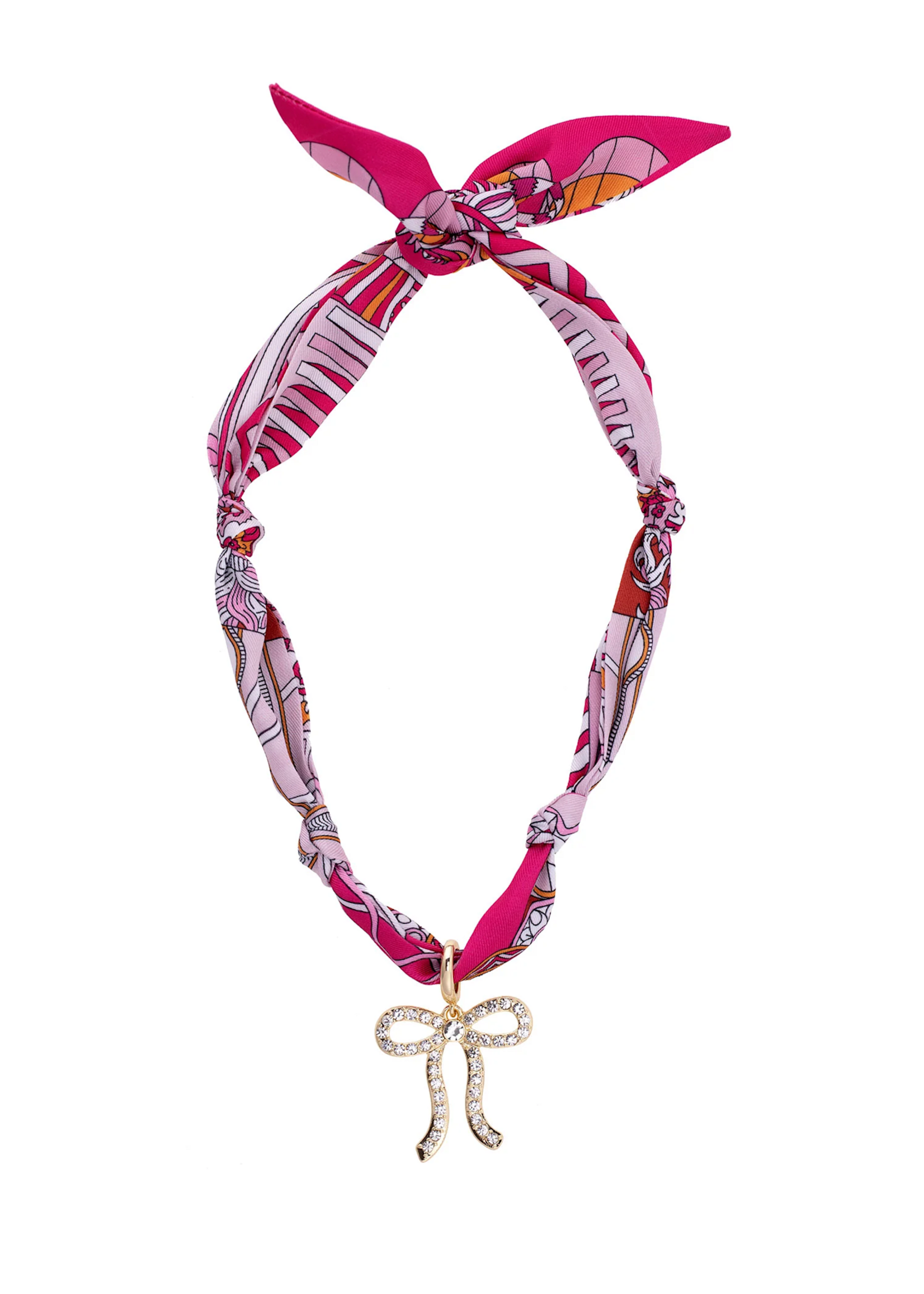 Canvas Cassie Pave Bow Scarf Necklace in Fuchsia/Orange/White
