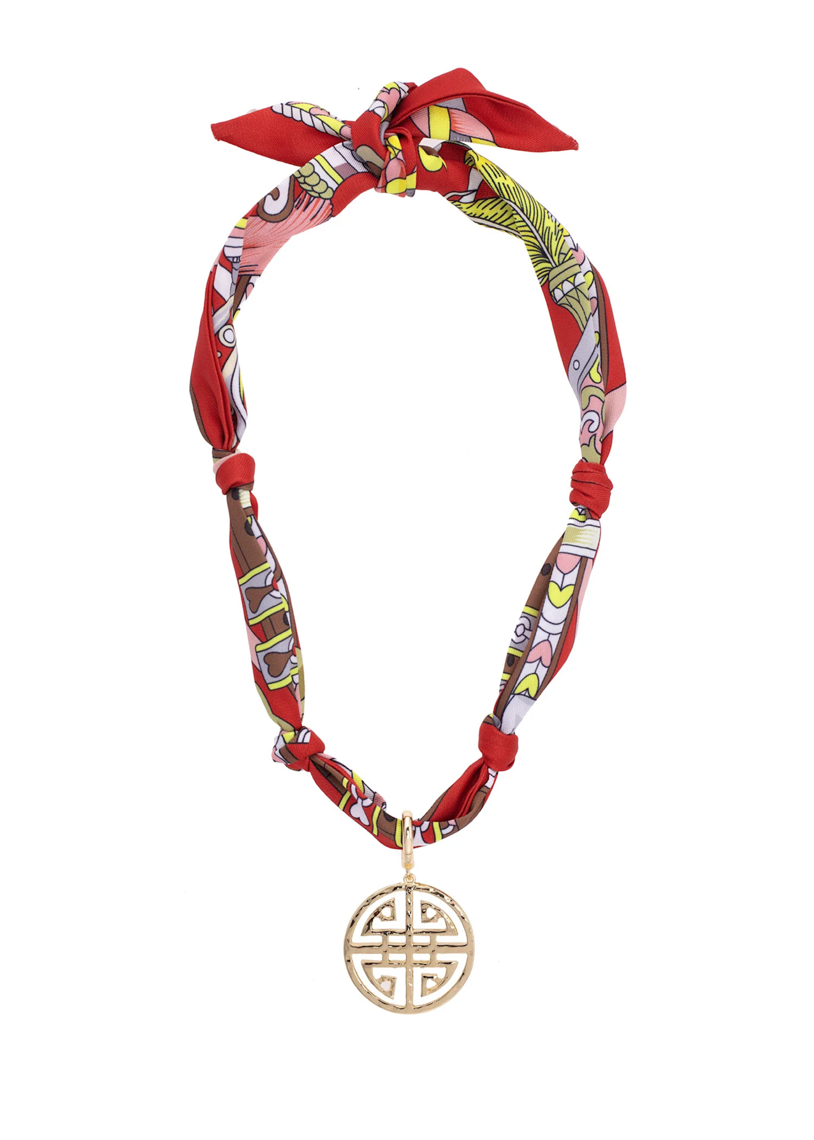 Canvas Cora Greek Keys Scarf Necklace in Red/Brown/Yellow