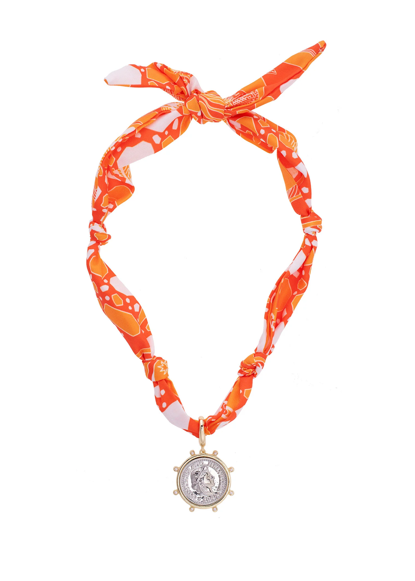 Canvas Lydia Studded Coin Scarf Necklace in Orange & White