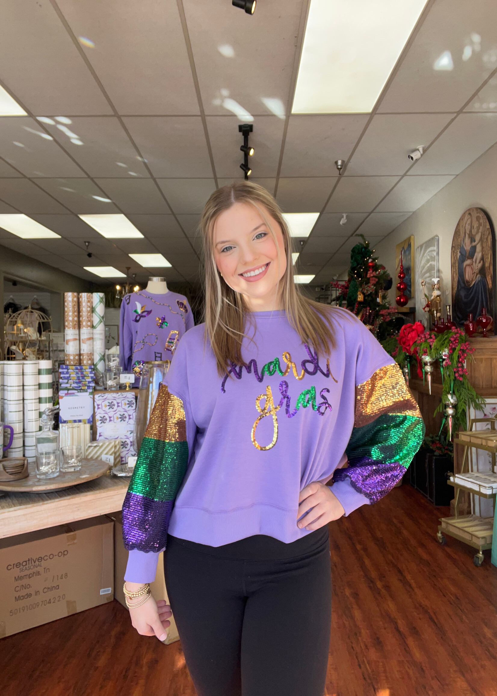 Mary Square Millie Mardi Gras Sequin Sleeve Sweatshirt