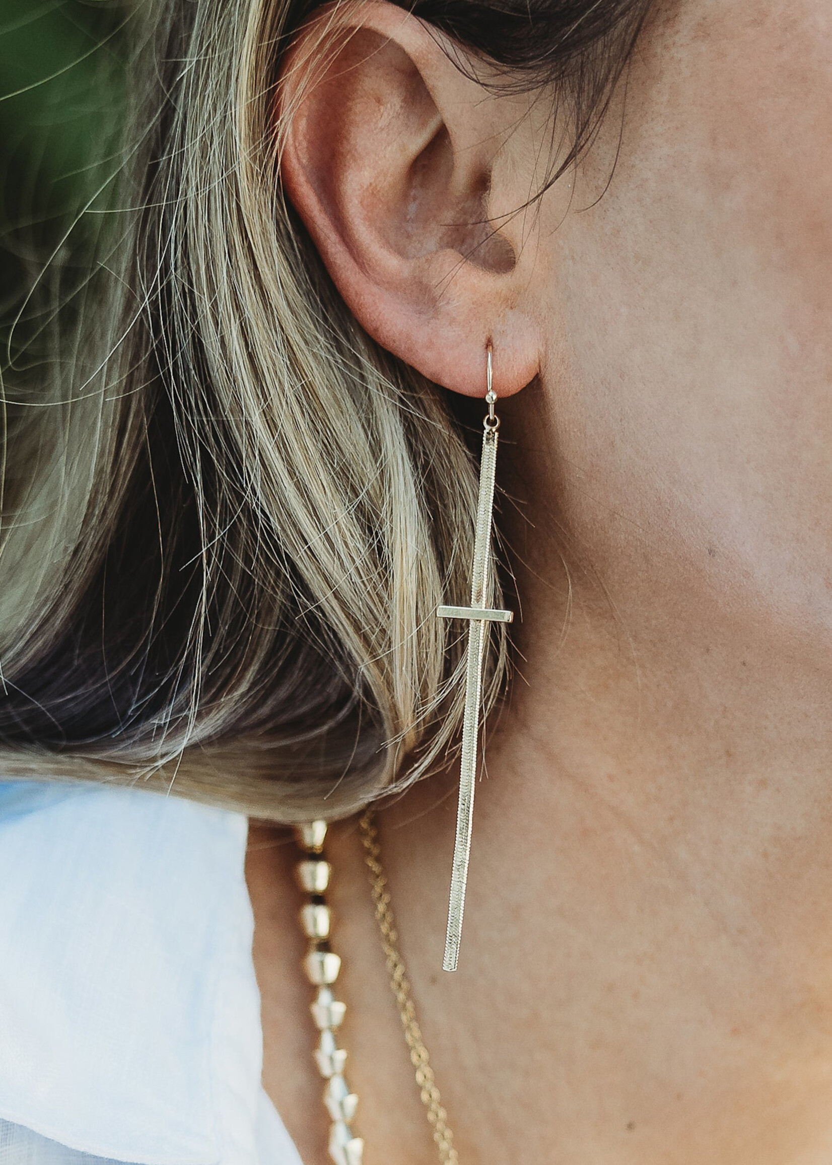 Leslie Curtis Jewelry Molly-Dainty gold herringbone chain cross earrings