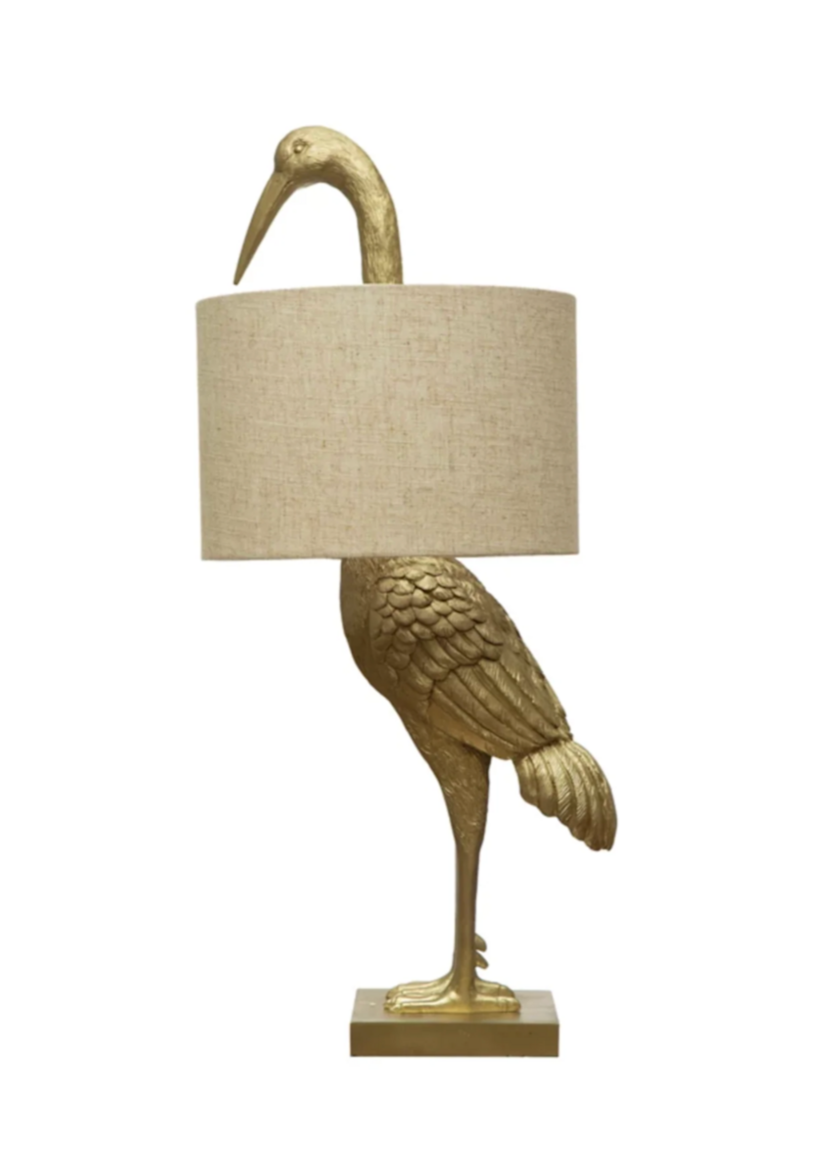 Creative Co-Op Resin Bird Table Lamp w/ White Linen Shade & Gold Finish