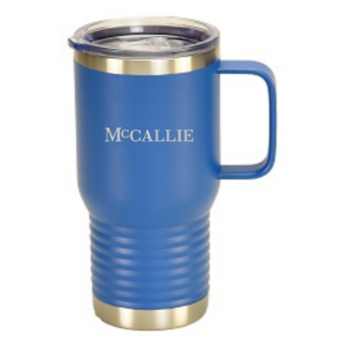 Travel Mug Royal Blue with handle and McCallie 20 oz.