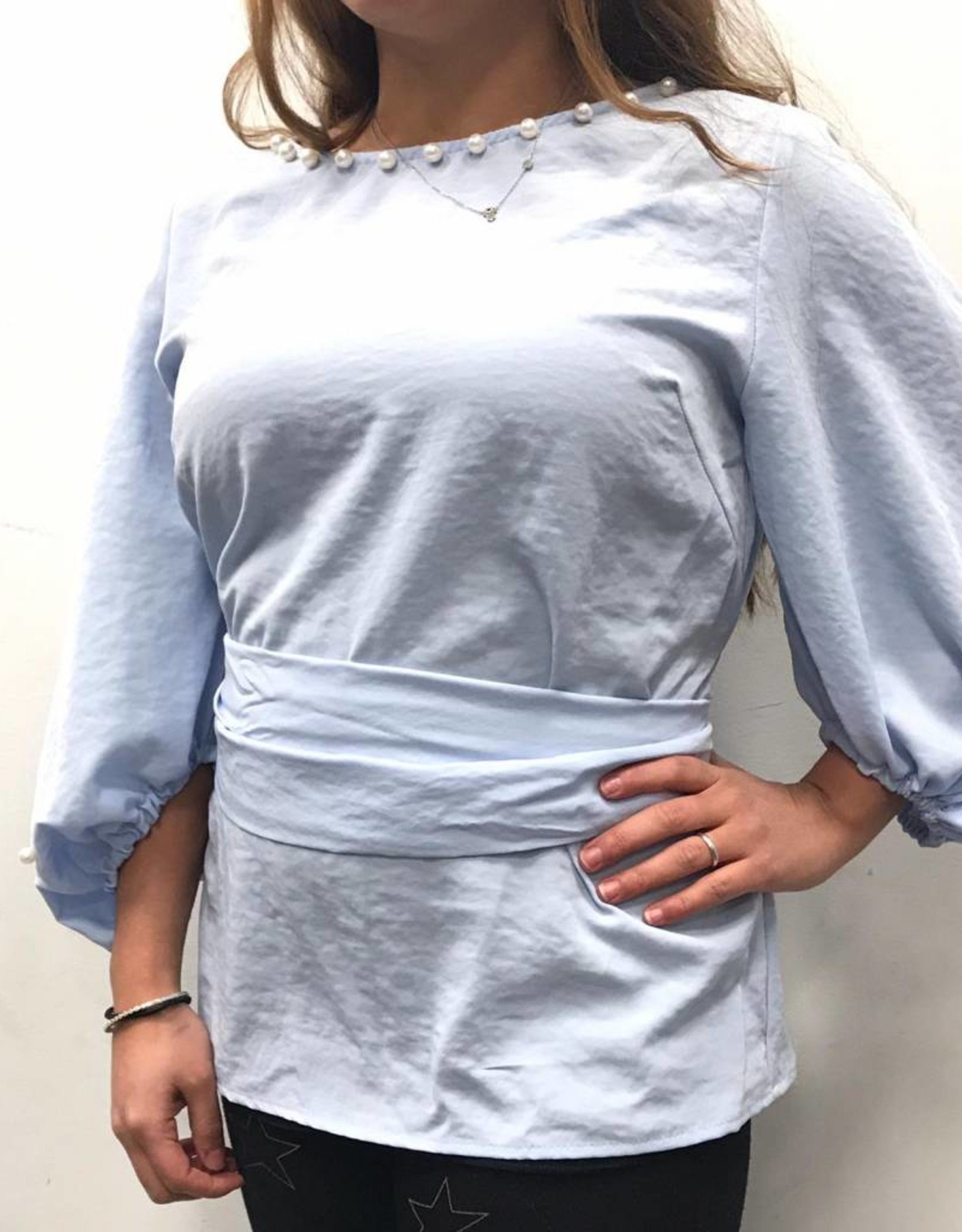 Sport Chic Sport Chic Belted Blue Top with Pearls