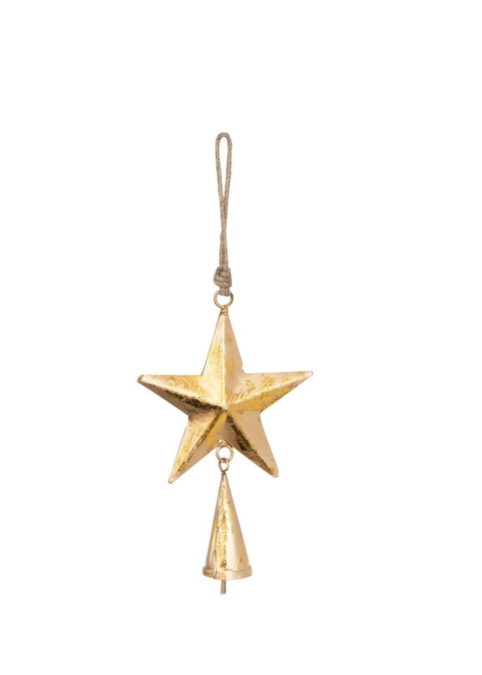 Metal Star Ornament with Bell and Antique Gold Finish