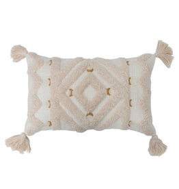 Cotton Tufted Lumbar Pillow with Embroidery & Tassels