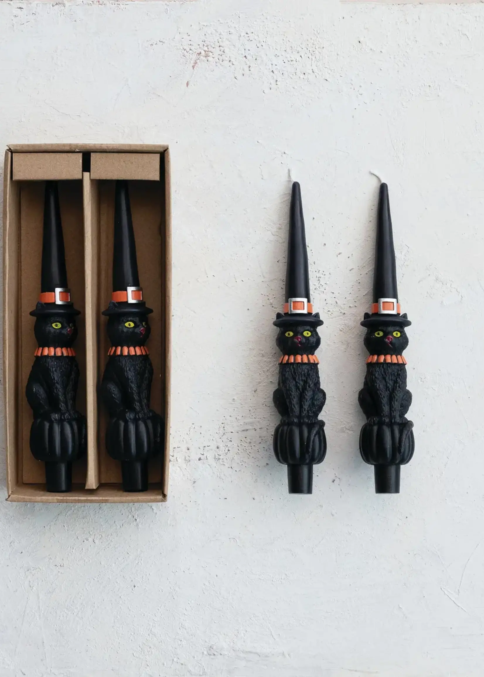 Cat with Witch Hat Taper Candles - Set of 2