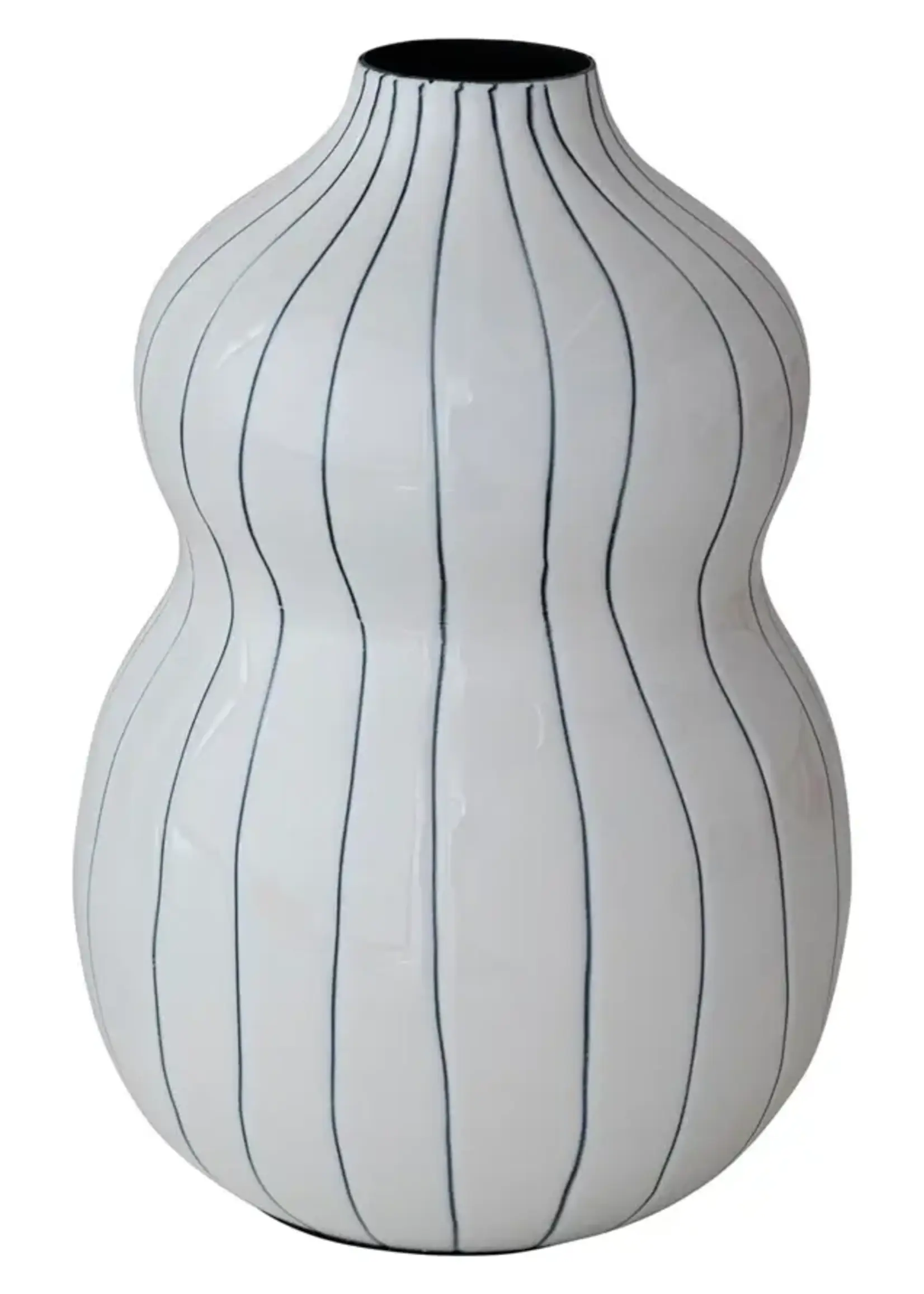 Vase Rayé en Métal Émaillé, Blanc et Bleu