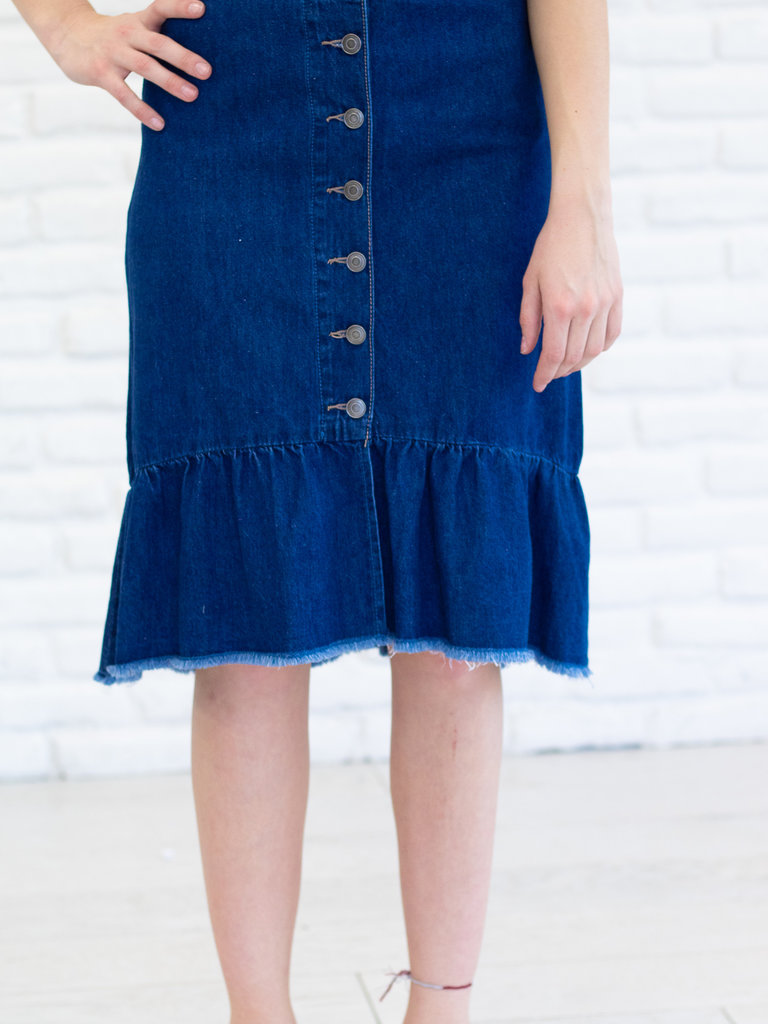 denim skirt with frill at bottom