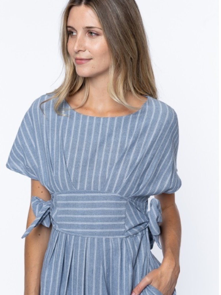 blue dress with white stripe on side