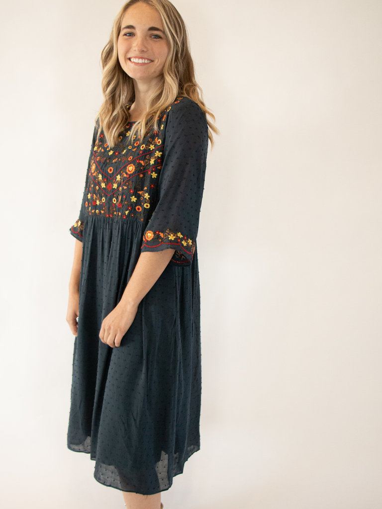 navy embroidered dress