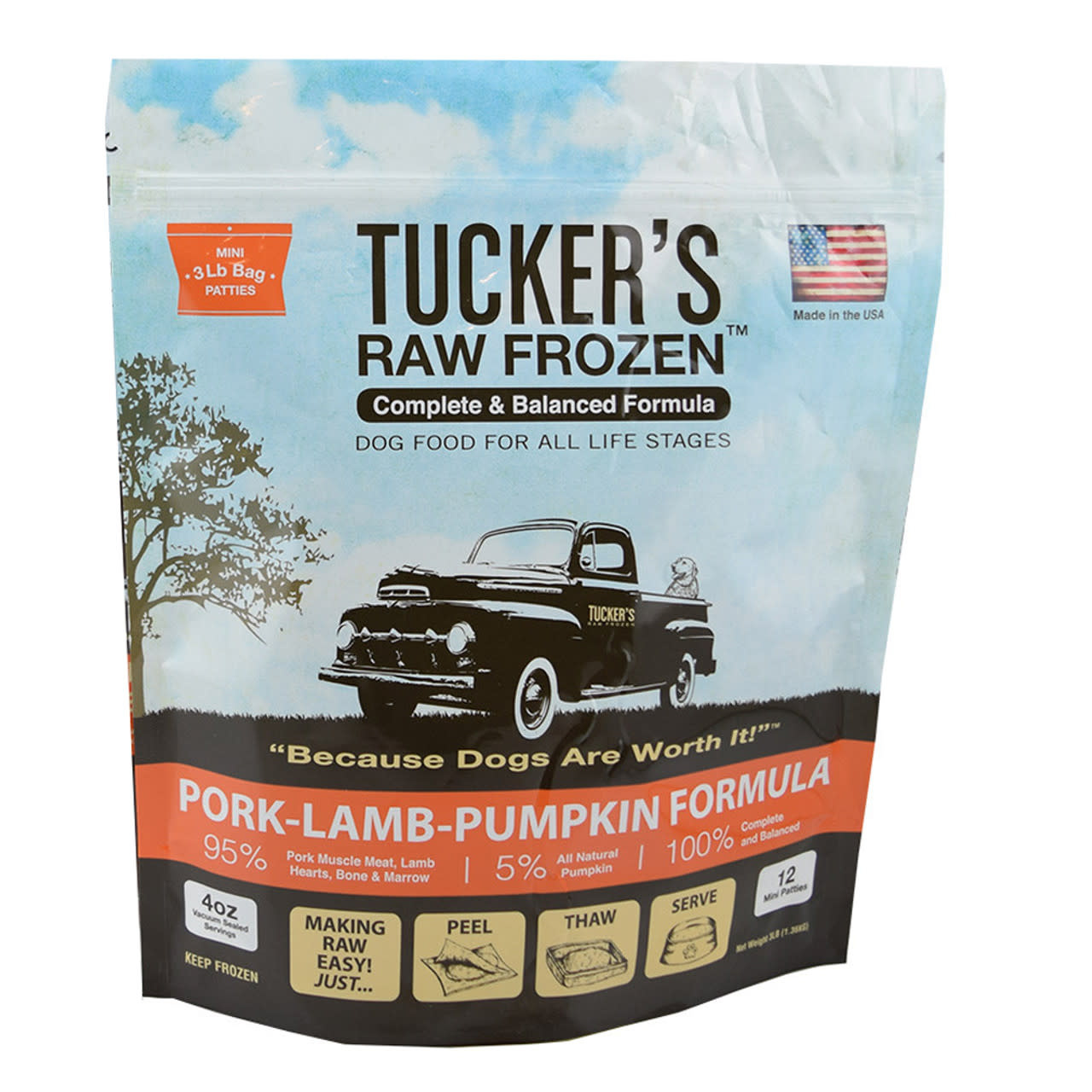 TUCKERS Frozen Raw Complete Dog Food Pork Lamb 3lb The Fish & Bone