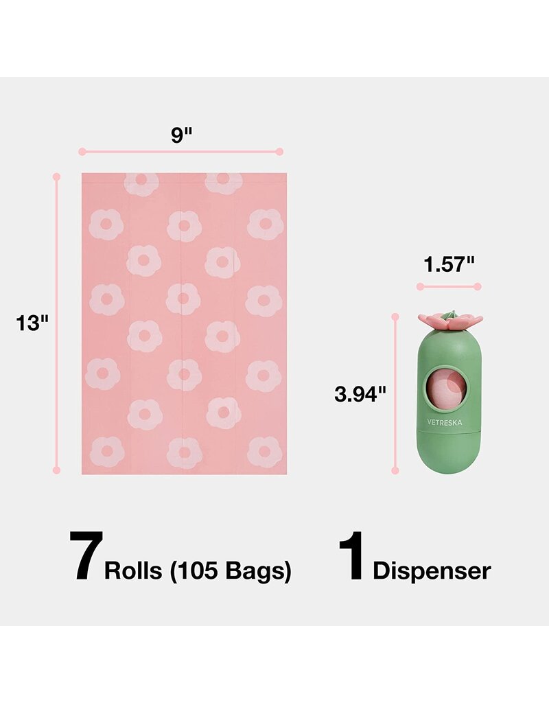 VETRESKA VETRESKA Flora Poop Bag Dispenser with 7 Floral Scented Rolls of Bags