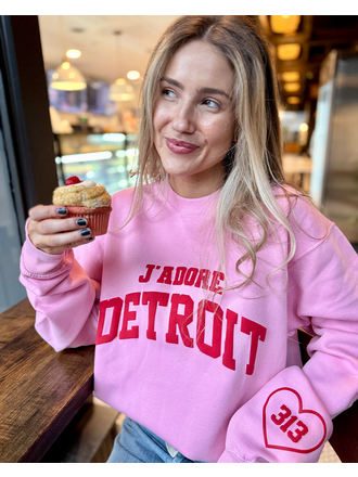 LULUSIMONSTUDIO Womens J'adore Detroit Pullover with 313 Heart Sleeve LULUSIMONSTUDIO Womens J'adore Detroit Pullover with 313 Heart Sleeve