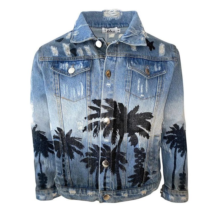 Lola and the Boys Lola Distressed Palm Tree Denim Jacket
