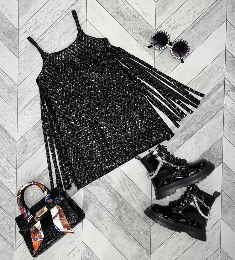 Les Tout Petits LTP Quilted Patent Fringe Dress