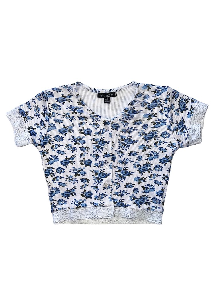 Flowers by Zoe FBZ Liberty Floral SS Button Lace Trim Top