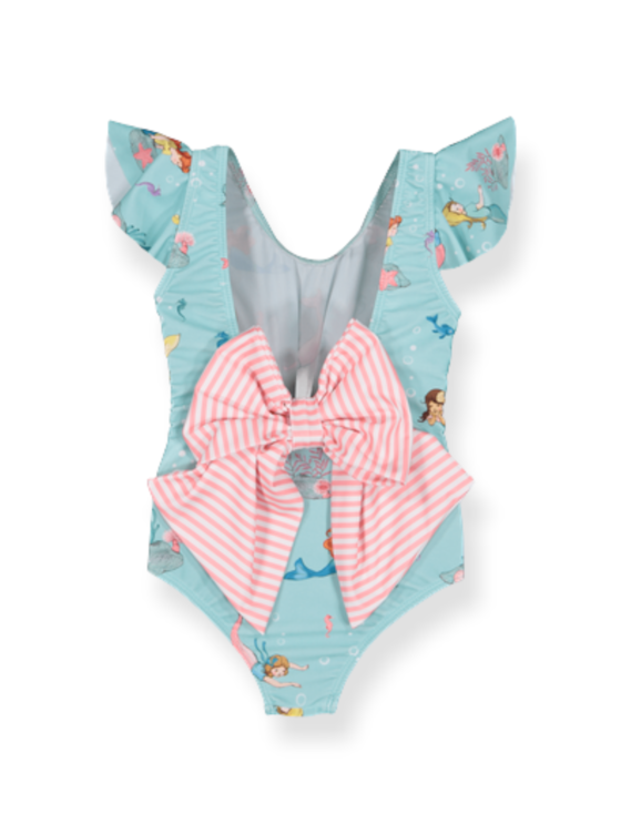 Sal & Pimenta Girls Swimsuit - Ruffle & Bow Back - Pink Santa on White