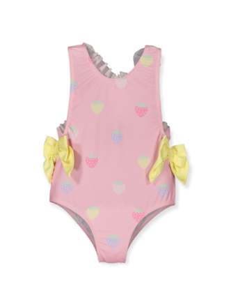 Sal & Pimenta Girls Rashguard Swimsuit - Pink & Blue Hearts with Pink Bow in Back