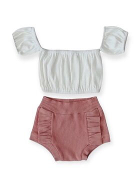 Lucky Panda Kids Ribbed Crop Off Shoulder Top Set