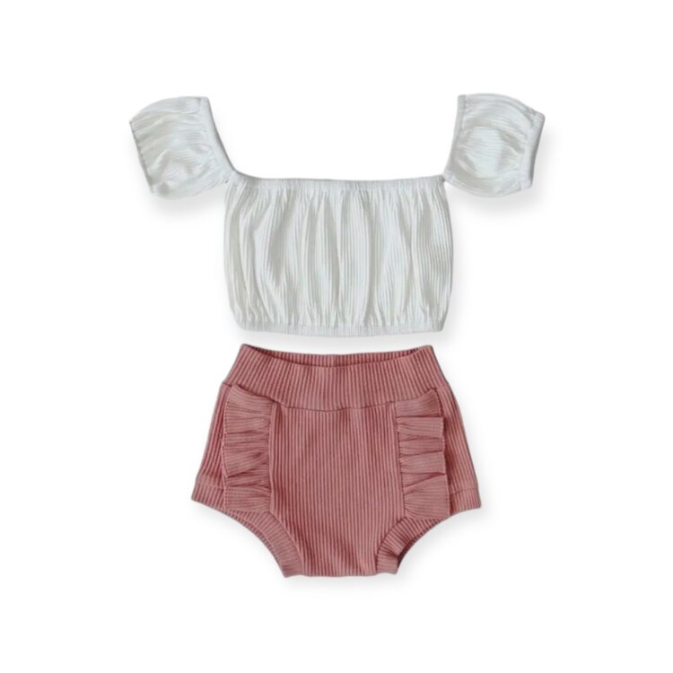 Lucky Panda Kids Ribbed Crop Off Shoulder Top Set