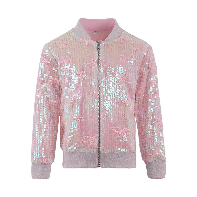 Dollfaced Kids Pink Bow Sequin Bomber Jacket