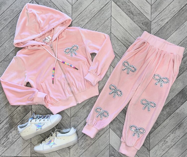 Dollfaced Kids Crystal Bows Velour Jogger Set