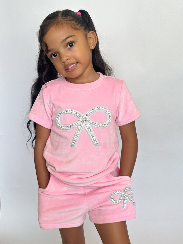 Dollfaced Kids Velour Crystal Bow Short Set *