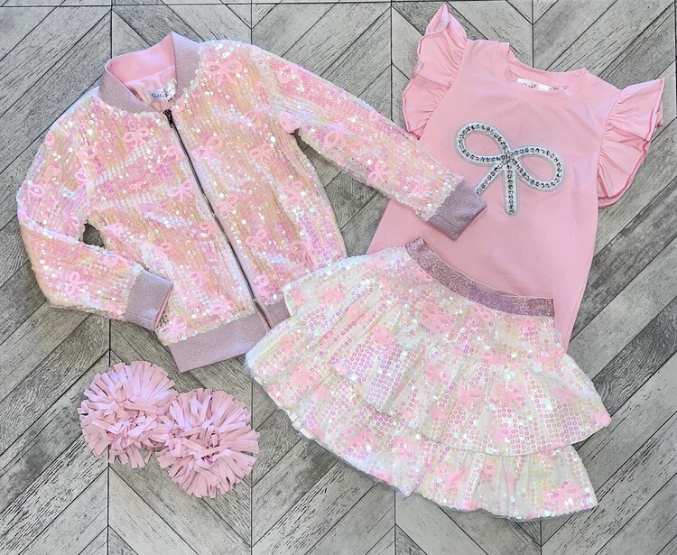 Dollfaced Kids Pink Bow Sequin Bomber Jacket