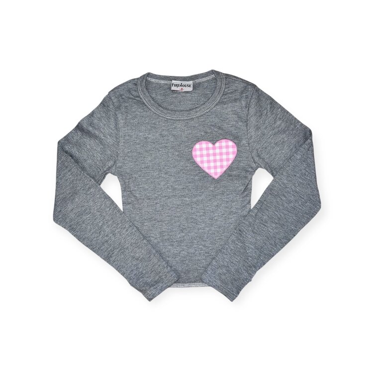 Firehouse Pink Gingham Heart LS Ribbed Top