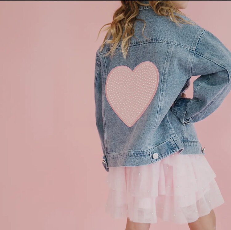 Sweet Wink Pearl Heart Patch Denim Jacket