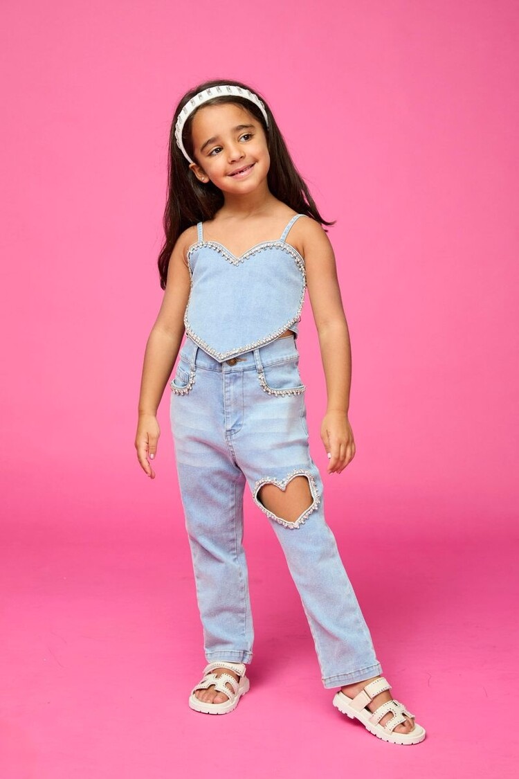 Mini Dreamers Heart Crystal Denim Pants