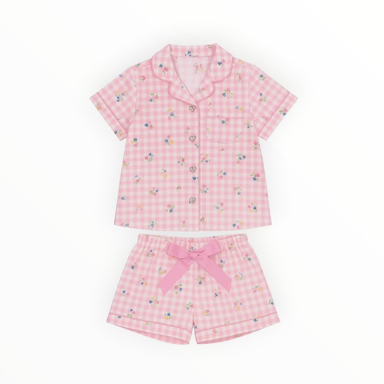 Preppy Goose Floral Gingham SS Satin PJ Short Set