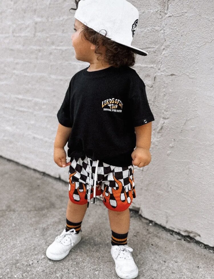 Little Trouble Checkered Heater Flame Mesh Shorts