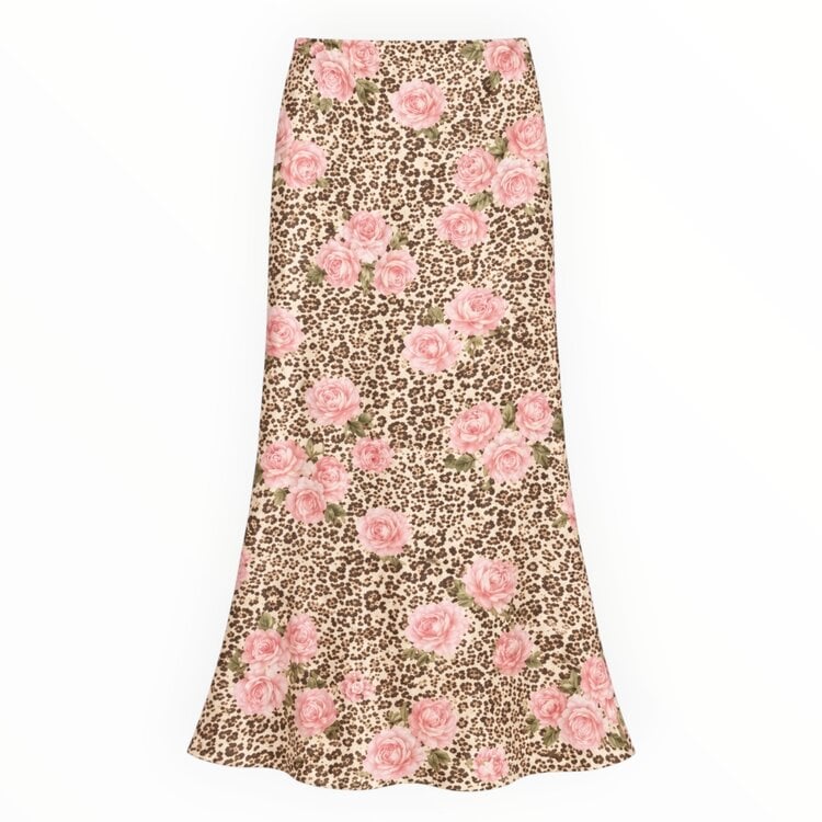 Katie J NYC Anastasia Leopard Blush Satin Maxi Skirt