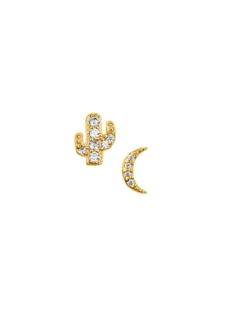 Pave Cactus & Moon Stud Earrings
