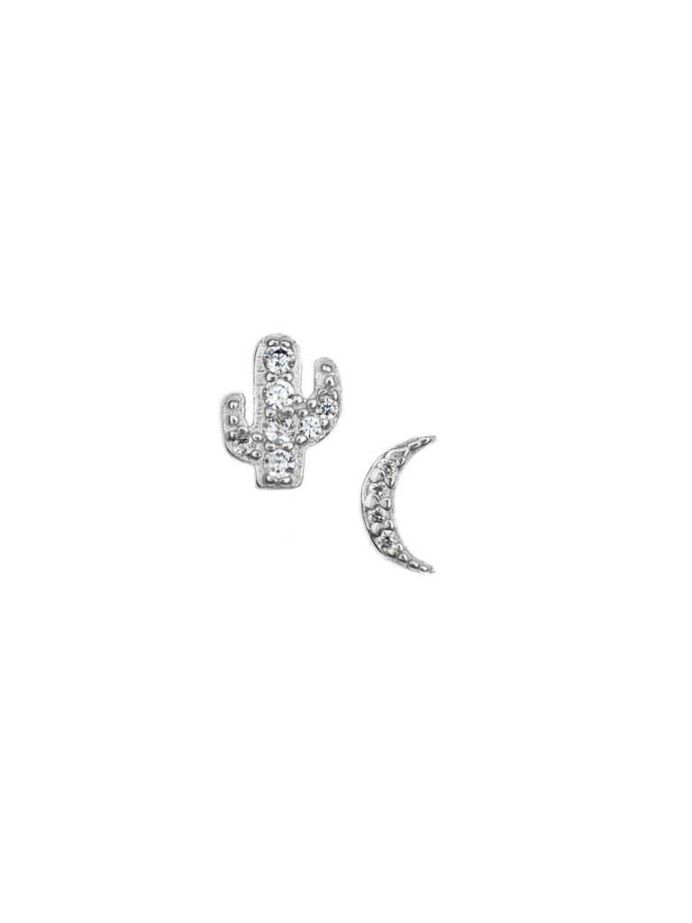 Pave Cactus & Moon Stud Earrings