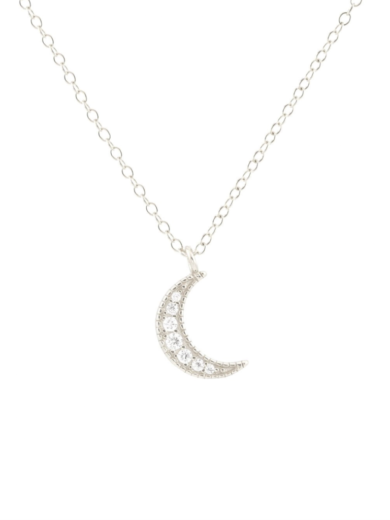 Crescent Moon Crystal Charm Necklace - Silver