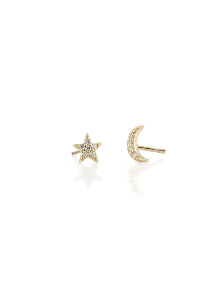 Star + Moon Crystal Stud Earrings - Gold