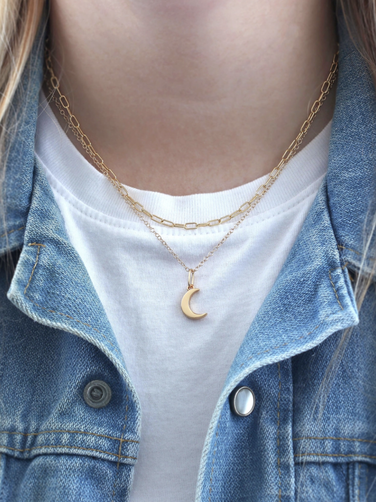 Crescent Moon Charm Necklace - Gold