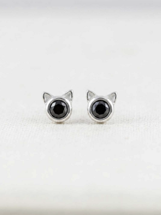 Black Crystal Cat Studs - Sterling Silver