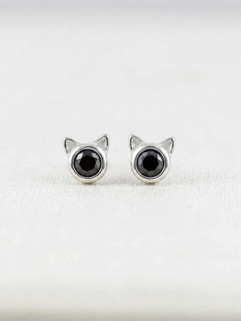Black Crystal Cat Studs - Sterling Silver