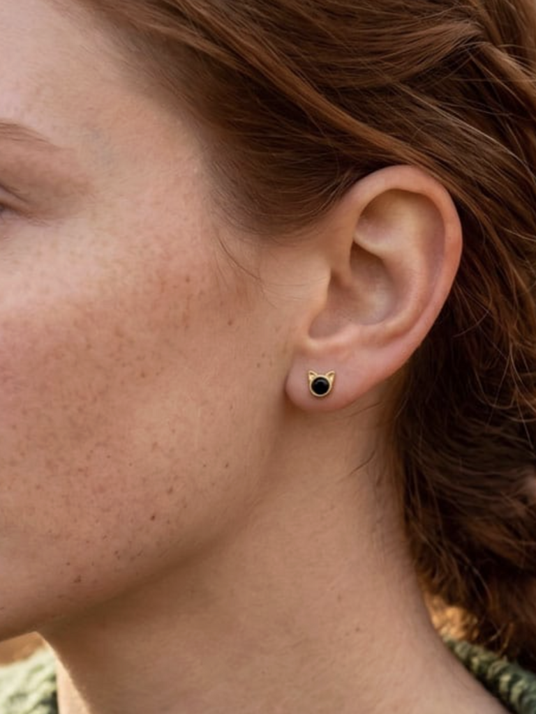Black Crystal Cat Studs - 18k Gold Vermeil