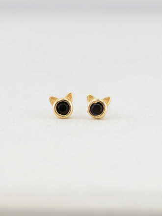 Black Crystal Cat Studs - 18k Gold Vermeil