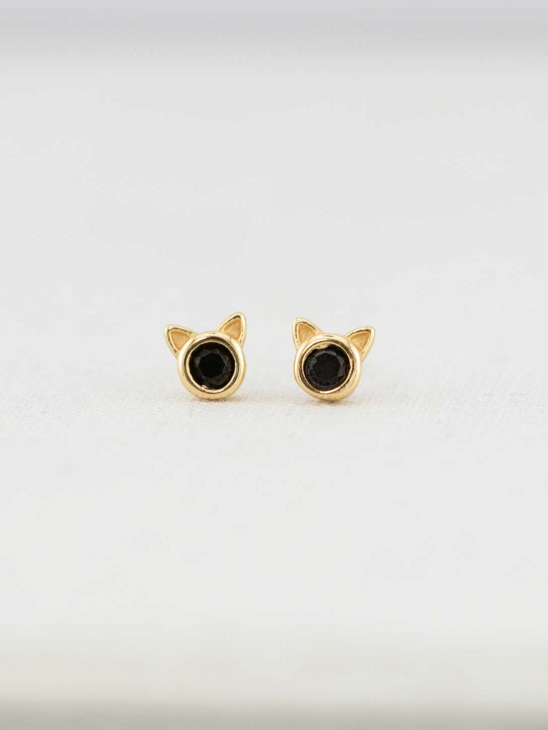 Black Crystal Cat Studs - 18k Gold Vermeil