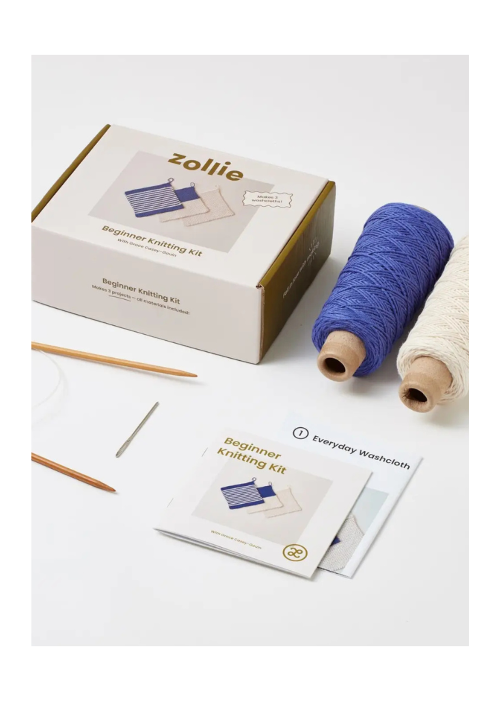 Zollie Zollie - Beginner Knitting Kit - 3 Washcloths