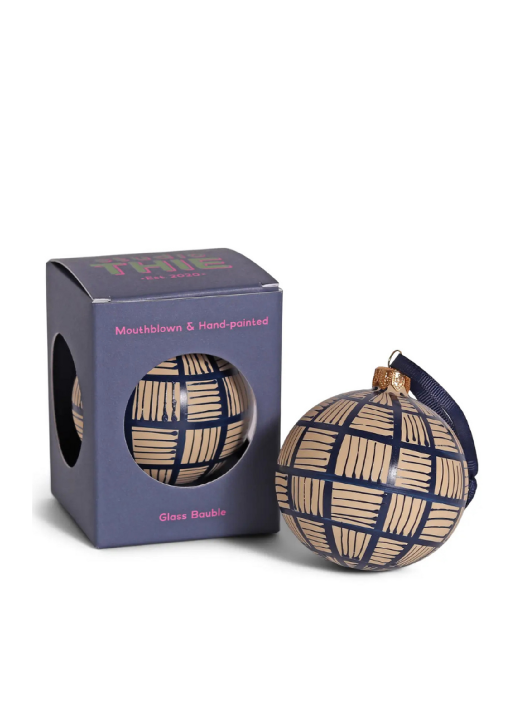 studio THIE studio THIE - Lines Glass Ornament 8cm, Navy On Taupe