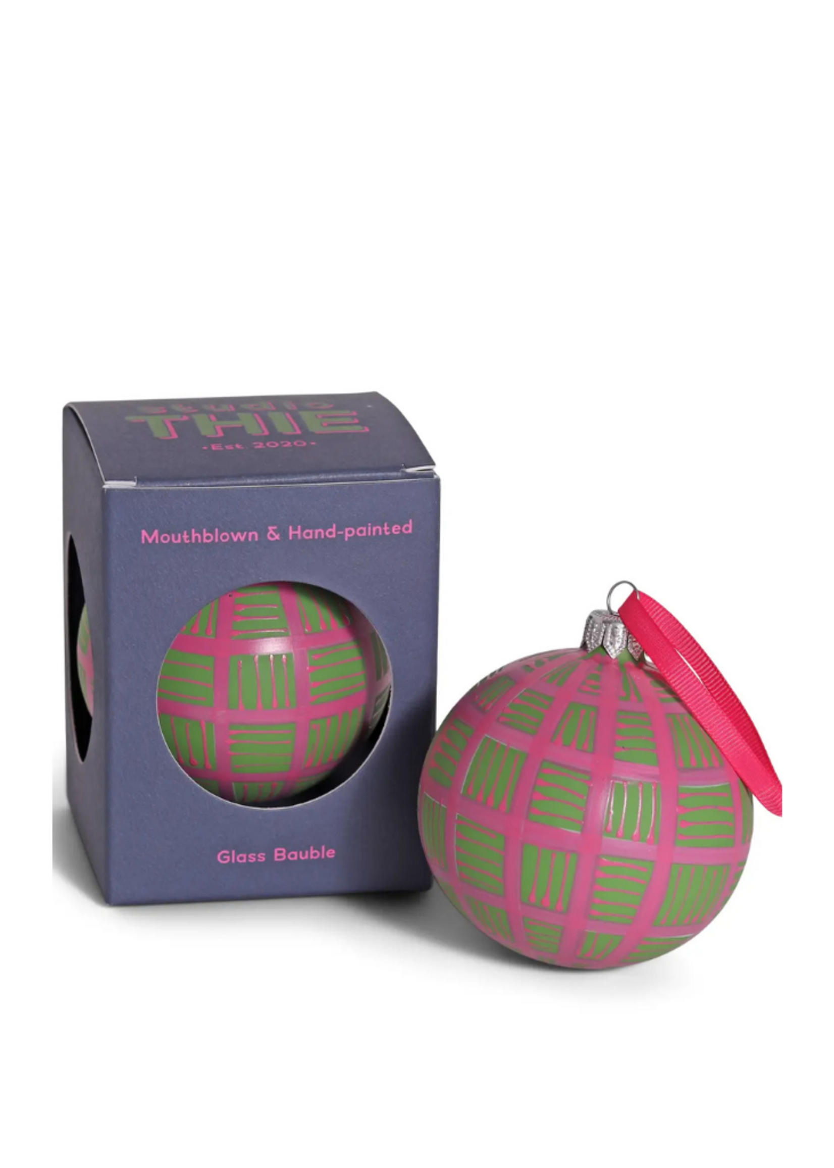 studio THIE studio THIE - Lines Glass Ornament Pink On Green, 8cm