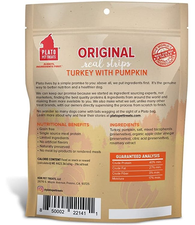 Plato Pet Treats Plato Pet Treats® Original Grain Free Real Strips Turkey with Pumpkin Meat Bar Dog Treats 18 Oz