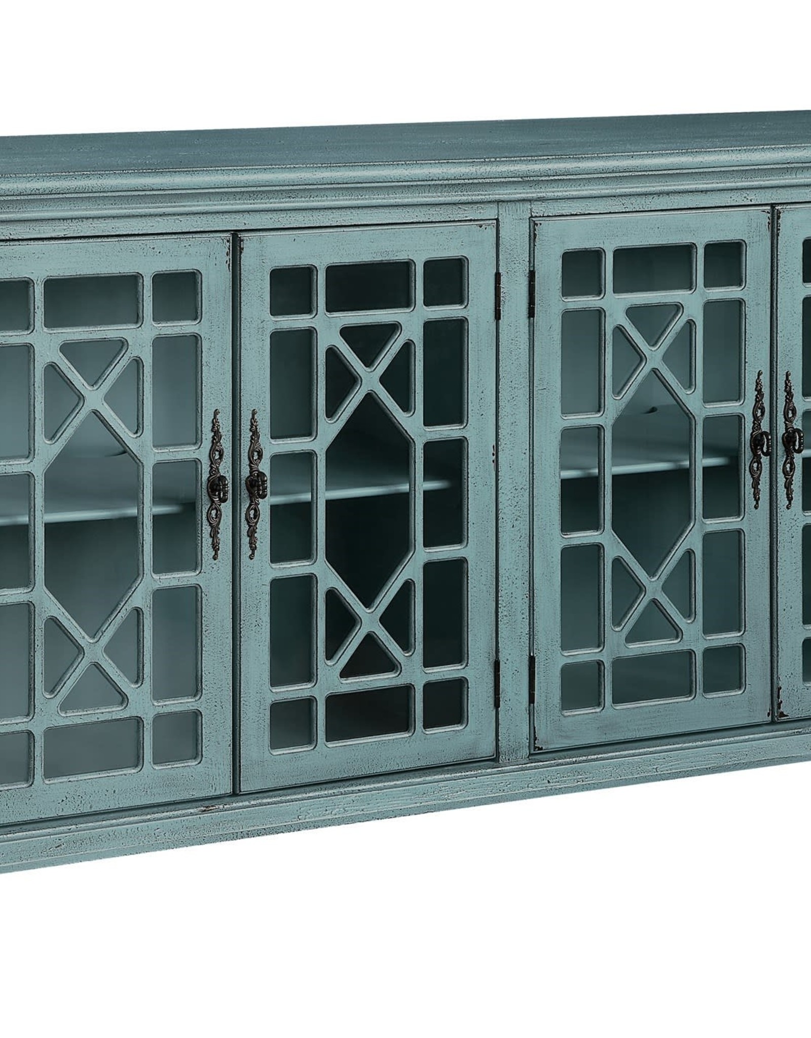 Crestview Mendenhall 4 Geometric Glass Door Textured Teal Sideboard